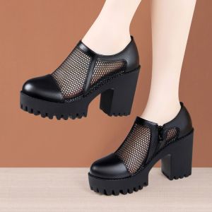 [Free Shipping] Waterproof Platform Thick Sole Comfortable Versatile Breathable Mesh Deep-Toe High Heels Single Shoes 2026 New Collection Hollow-Out Design Runway-Style Sandals