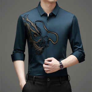 【HOT】Mens longsleeved dragon casual print noniron shirt