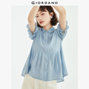 GIORDANO ผู้หญิง  เสื้อเชิ้ตผ้าชีฟองอะซิเตท เสื้อเชิ้ตน้ำหนักเบา คอกลม ระบาย แขนสั้น เสื้อเชิ้ตแฟชั่น จีบ ลำลอง 18343606