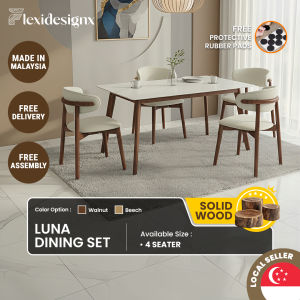 Flexidesignx NELUNA Dining Chair Set+Sintered Stone TableSolid Wood Frame Japandi Style Dining Set