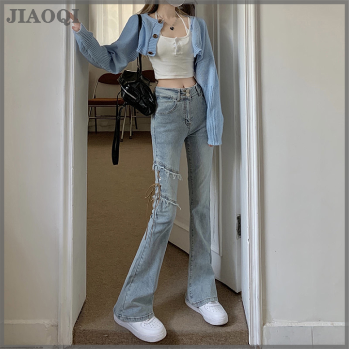 JIAOQI Y2k Fashion Patch Casual Flare Jeans Women Spring Chic Lace Up High  Waist Slim Pants 2022 New Vintage Streetwear Denim Trousers