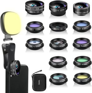 Godefa Phone Camera Kit 14 in 1 Lenses with Selfie Light for iPhone 14 13 12 11 Xs X Pro Samsung and Other Andriod Smartphone Universal Clip on Wide Angle+Macro+ Fisheye Camera Lenses