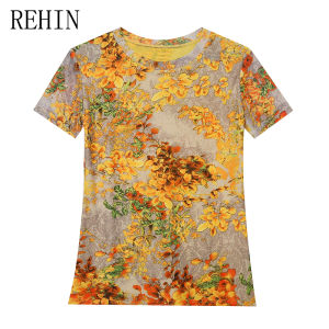 Rehin Mới Mùa Hè Thời Trang Lưới ngắn tay in họa tiết T-Shirt cổ tròn Giảm Béo In Hợp Thời Trang Của Phụ Nữ Hàng Đầu