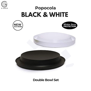 Popocola Black & White Double Pet Food Bowl / Pet Feeding Bowl Set  -  Whiskers Stress / Whiskers Fatigue Protection