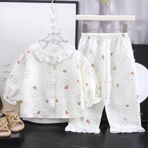 W21 Girls Kids Home Clothes Set New Loose Thin Baby Pajamas Fashion Lace Floral Princess Children Air Conditioner Long Sleeve+Pants