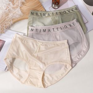 HEALMEYOU Mesh Satin Silk Panties Patchwork Letter Printing Seamless Briefs Soft Mid Waist Underwear for Women Ladies