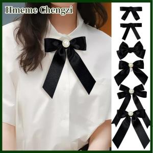 Hmeme Black Ribbon Bow Pearl Brooch For Women Versatile Shirt Collar Pins Clothing Decoration Ribbon Tie Jewelry Accessories Gifts