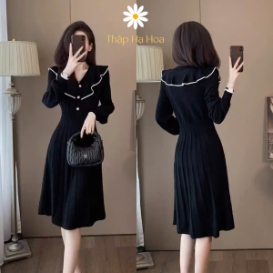 Đầm nữ dài tay cổ V viền bèo cúc ngực Đầm dự tiệc thắt eo dáng xoè TS348