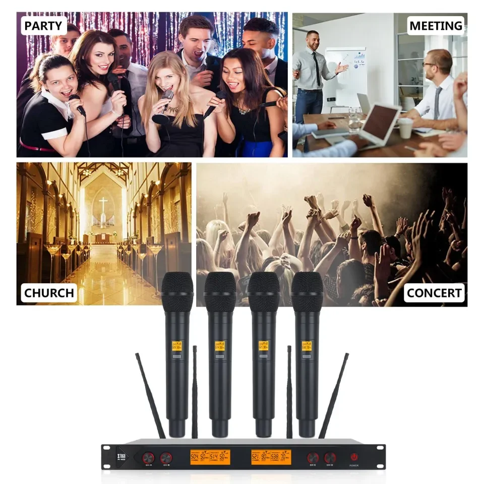 XTUGA A400 Metal Material 4-Channel UHF Wireless Microphone System with 4  Hand-held Wireless Microphone Use for Stage, Church, Family Party | Lazada  PH