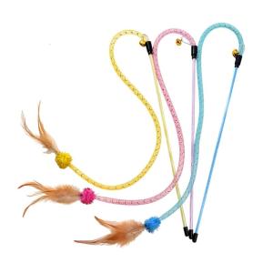 3Pieces Interactive Cats Teaser Toy Set Colorful Elastic Mesh Tube Wand with Soft Feathered Stimulate Hunting Ability