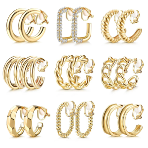 Set of 9Pairs Sophisticated Gold Clip On Earrings Pairs Stylish Dumpy Hoops Ear Clip Charm for Women Fashion