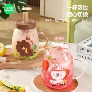 LINE FRIENDS Cony Brown Glass Tea Separation Cup Sally Anime Kawaii Large Capacity Womens Tea Straw Direct Drinking Cup GiftEIRU-2IJ
