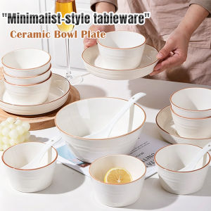 Talao Brown Edged Ceramic Dinnerware Rice Bowl Soup Noodle Bowl Fruit Salad Plate for Daily Home Use 1Pc