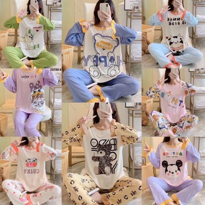พร้อมส่ง ชุดนอนแขนยาว ชุดนอนผ้าฝ้ายลำลองเกาหลีลายการ์ตูน ชุดนอนเสื้อแขน ...