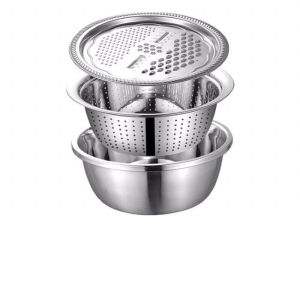 Mga Supplies sa Kusina Stainless Steel Basin na may Grater Mga Propesyonal na Tool 3-in-1 Malaking Mixing Stainless Steel Basin Multifunctional Food Processor Strainer na may Drainer Washer ng Gulay at Prutas