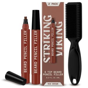 Striking Viking Beard Pencil - Dark Brown 2 Pack - Temporary Beard Dye - Waterproof Sweatproof Long Wear Beard Pen for Touchups & Gap Contouring - Enhances Facial Hair
