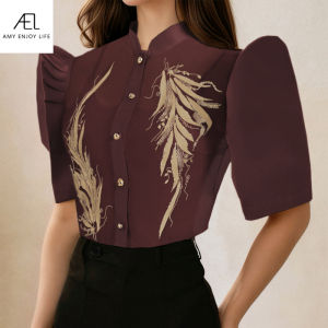 Amyenjoylife Modern Filipiniana Tops with Mestiza Casual Puff Short Sleeves Crew Neck Shirts Plus【1-3Day Delivery🚀】