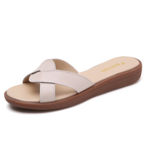 New Summer Style Cowhide Flat Heel WomenS Sandals Fashionable Outdoor WomenS Slippers Korean Style One-Strap Beach Shoes