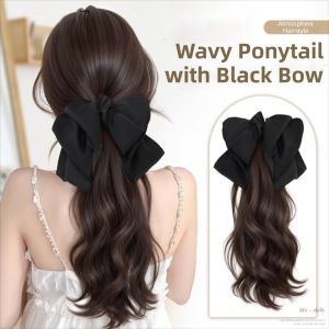 LEKGAVD Claw Clip Wavy Hair Ponytail with Black Bow Wig Elegant Synthetic Hairpiece with Removable Bow Sweet Layered Curly Ponytail Extensions for Women