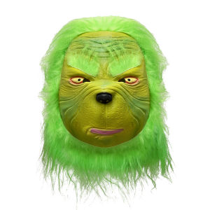 In-stock Christmas Grinch costume set including a green fur headpiece latex mask furry pants gloves and accessories