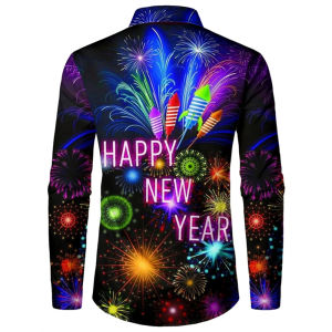 ZEEMIN 2025 New Year Mens Shirts Happy New Year 3d Print Long Sleeve Shirts For Men Casual Fashion Mens Clothing Loose Oversize Shirt