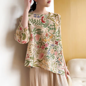 Miyake New High-End Pleated Print Versatile Casual Top #7161-1