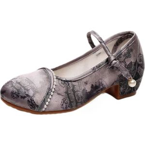 ZEEMIN Womans New Ethnic Style Block Heels Print Cheongsam Shoes Soft Sole Non Slip Round Toe Buckle Strap Hanfu Shoes Nude Shoes