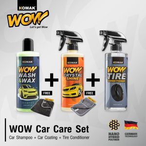 Car Wash Set Komak Wow! Triple Pack - Wash & Wax Crystal Shine & Tire Conditioner with Microfiber Cloth 300gsm & 840gsm