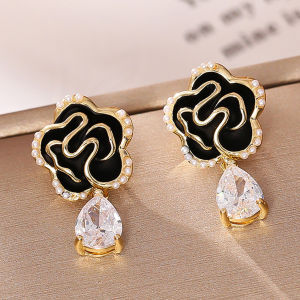 Fashionable Ring Gift 小众设计轻奢高级感花朵珍珠耳环山茶花水滴锆石耳钉气质百搭耳饰