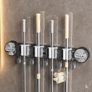 【Detachable and Reusable】Powerful Wall-Mount Punch Free Mop Holder Kitchen bathroom Roller Mop Clamp Sticky Hook