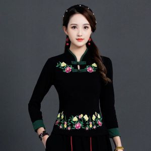 Spring/Summer Retro Style Pan Button Cotton Long Sleeved T-shirt Womens Embroidered Fashion Standing Collar Chinese Style Qipao Style Top
