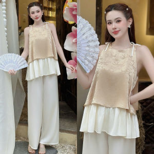 Bộ Yếm Gấm Thêu Phi Mã Cổ Tròn Quần Dài Lụa Trơn Phom Size dưới 65kg