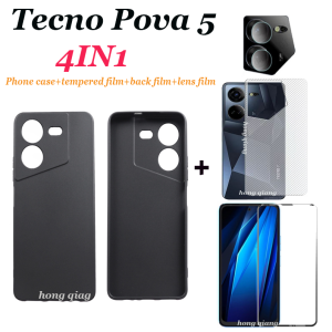 4 In 1สำหรับ Tecno Pova 5เคสโทรศัพท์ผิวเกล็ดน้ำแข็งสีดำ + กระจกนิรภัยแบบเต็มจอภาพ + ฟิล์มเลนส์ + ฟิล์มด้านหลัง Tecno Pova 4 Pova 4 Pro Pova 3 Pova 2