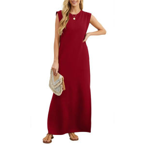 Summer Casual Loose Long Dress Women Thin Plus Size Round Neck Sleeveless Dress Pure Color One Piece Dress with Pockets