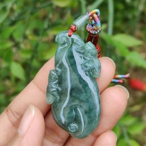 Dark Green Natural Type A Jadeite Pendant Necklace crafted with a pair of Grasshoppers with symbols of Wealth good fortune happiness and reunion certificate included weigh 15.18 grams 48 * 24.5 * 7.1 mm