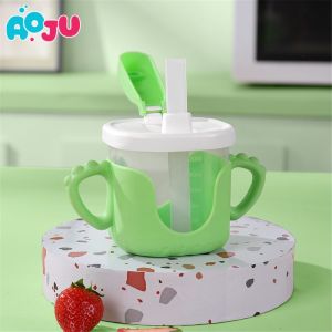 AOJU 300MLขวดน้ำเด็กเรียนรู้การดื่มถ้วยที่มีฝาปิดป้องกันการตกของทารกและเด็กวัยหัดเดินที่จับกันลื่นถ้วยเครื่องดื่มสำหรับทารกวัยหัดเดิน