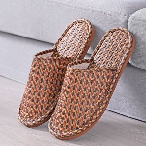 草编凉拖 Cool Slippers Bamboo Woven Rattan Straw Spring Summer Couples Non-slip Home Indoor Wooden Sole Men Women Sandals Slip-ons