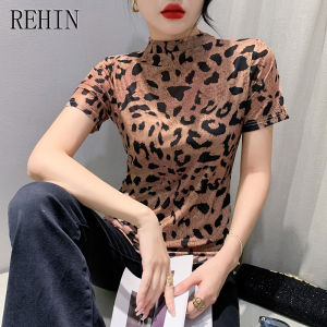 REHIN New stylish half-high collar mesh leopard printed T-shirt slim-fit base shirt top
