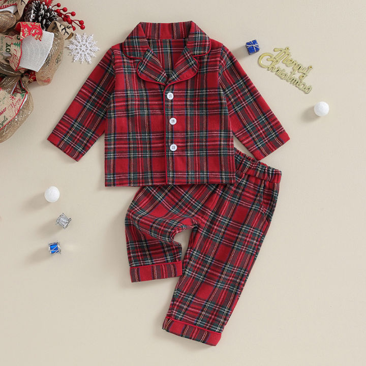 【beautywoo】Kids Christmas Pajamas Set Plaid Button up Long Sleeve Shirt and  Elastic Pants Loungewear Sleepwear Lazada PH