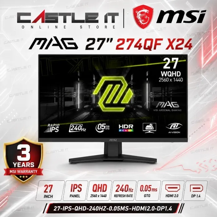 MSI MAG 274QF X24 27 Inch WQHD 240Hz Rapid IPS Gaming Monitor
