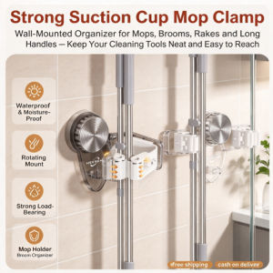Suction Cup Mop Holder No Drill Wall Mounted Mop Hanger Broom Holder Bathroom Organizer Mop Clip Utility Storage Rack Home Kitchen Hook