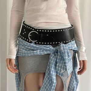 HULEQQI Designer Wide Womens Belt Gothic Punk Style Rivet Waist Belt Heavy-Duty American Dress Jeans Belt Streetwear