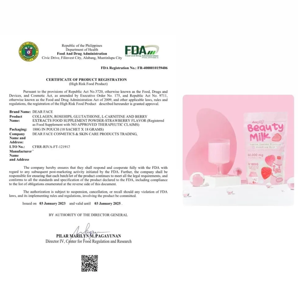 Dear Face Beauty Milk Premium Japanese Melon/Strawberry Collagen Drink 10  Sachets FDA Approved 180g