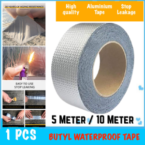 [5 & 10 Meter Length SIlver Tape] Heavy Duty Butyl Waterproof Tape. Aluminium Foil Butyl Adhesive Tape. Super Strong Cement Concrete Repair Adhesive Tape. Long Lasting  Rubber Tape. Tampal Simen Retak. Pita Pelekat Kuat