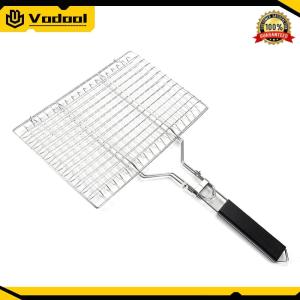 BBQ Grilling Basket Wooden Handle Outdoor Camping BBQ Rack Stainless Steel Vegetable Grill Basket with Detachable Handle for Fish Vegetables Steak Shrimp Chops