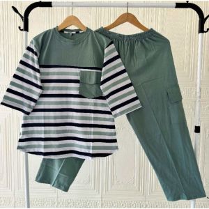 Setelan Wanita Terbaru 2025 Motif Salur Pelangi Matt Combed 24s Set Cargo