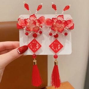 REEBO Flower Children Red Hairpin Tassel Bow Ancient Style Hairpin All-match Bowknot Hanfu Hairpin Children