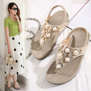 35-41รองเท้าสตรี Rhinestone ลูกปัด Trifle Sole น้ําหนักเบา Wedge ส้นแฟชั่นฤดูร้อนรองเท้ากิจวัตรประจําวันยางยืดยอดนิยมแพลทฟอร์มคลิปสไตล์