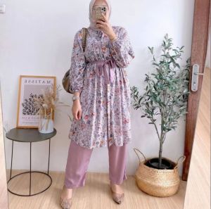 oneset long tunik ameena setelan tunik rayon setcel crincle setelan wanita
