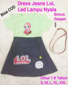 Dress Terusan Jeans LoL Lampu Nyala - Ukuran S = 1-2 Tahun, M = 2-3 Tahun, L = 3-4 Tahun, XL = 5-6 Tahun, XXL = 6-8 Tahun